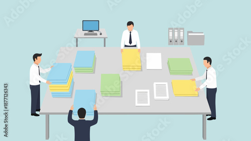 Teamwork organizing documents, business meeting, data management, workflow illustration