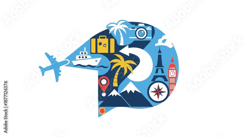 Travel Icons: Airplane, Suitcase, Camera, Landmarks, Compass, Palm Tree