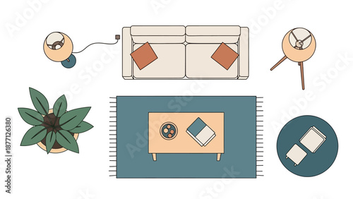 Top view of modern living room furniture arrangement, interior design plan