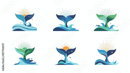 Whale Tail Logo Collection: Ocean Waves, Sunburst, Stars - Vector Icons