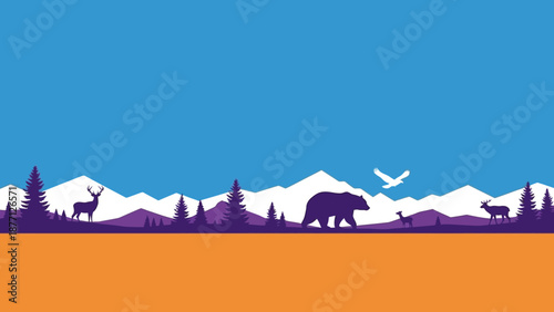 Wilderness Landscape Silhouette: Bear, Deer, Mountains, Forest, Eagle, Sky