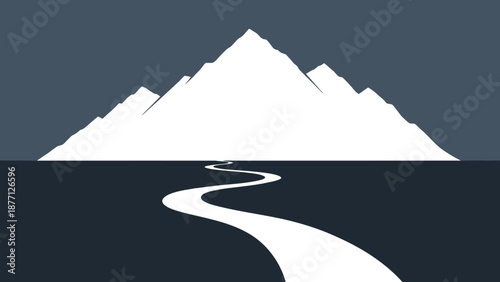 Winding road leading to majestic snow-capped mountains, minimalist landscape