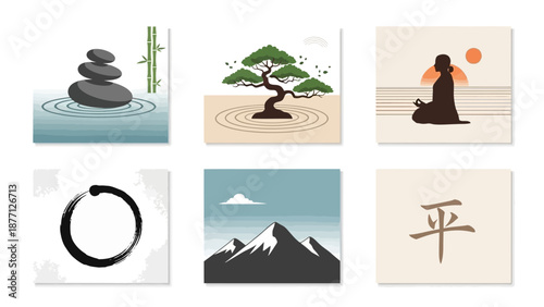 Zen Japanese Garden Elements: Bonsai Tree, Meditation, Stones, Mountains, Enso Circle