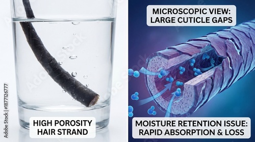 A visual depiction illustrates the concept of high porosity hair and its impact on moisture absorption and retention through microscopic view.