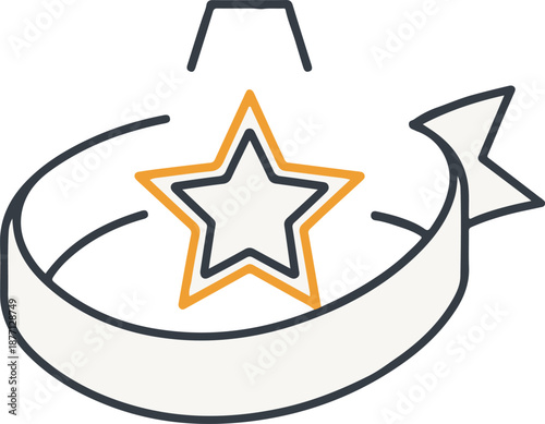 A modern vector illustration featuring a stylized star with an orange outline placed inside a circular white ribbon banner, symbolizing a premium award, badge, or special achievement.
