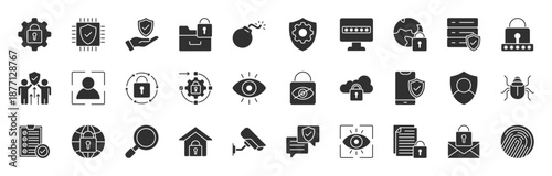 Security Services glyph style editable icon set Collection. Guard, cyber security, smart home, safety, data protection, key, shield, lock, and more. Editable stroke. Vector illustration eps 10