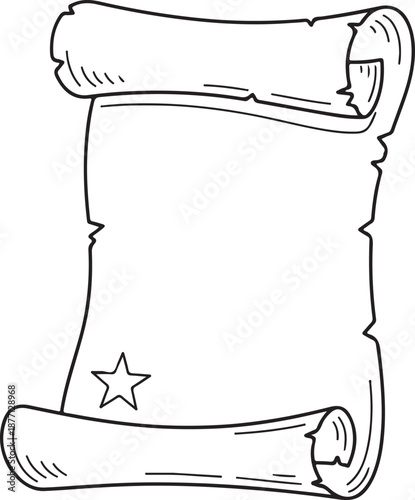 A classic line-art illustration of an ancient parchment scroll with tattered edges. A small star emblem sits at the bottom, evoking themes of history, certificates, and important documents.