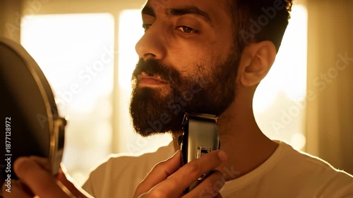 A man is using a trimmer while looking in a mirror. The warm sunlight highlights the man's focused expression as he trims his beard in the softly lit room.