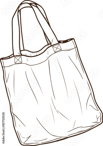 A minimalist brown line art vector of a reusable cloth tote bag, representing eco-friendly shopping, sustainable lifestyle choices, and the reduction of single-use plastic.