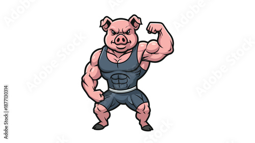 Bodybuilding Cartoon Pig Mascot Flexing Muscles Illustration