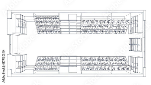 Architectural blueprint rendering showing a spacious library or storage facility layout with multiple long aisles of shelves from an overhead view