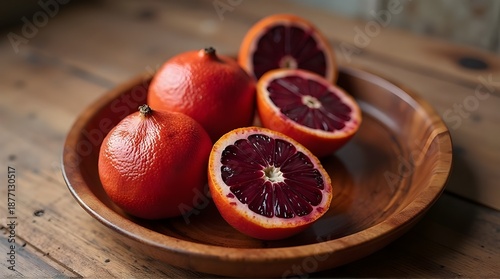 Moro blood oranges on a round wooden plate