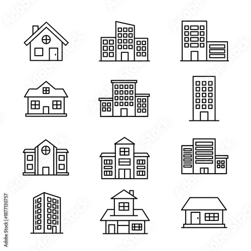 Building and Real Estate Line Icons Set. Vector Outline Collection of Architecture Symbols: House, Office, Residential Apartment, and Skyscraper.