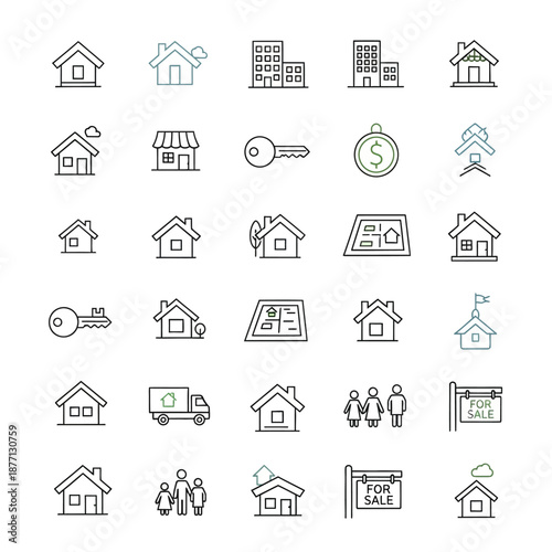 Real Estate and Housing Icon Set. Minimalist outline symbols for Property, Home Ownership, Mortgage, Key, Apartment, Family, and For Sale signs.