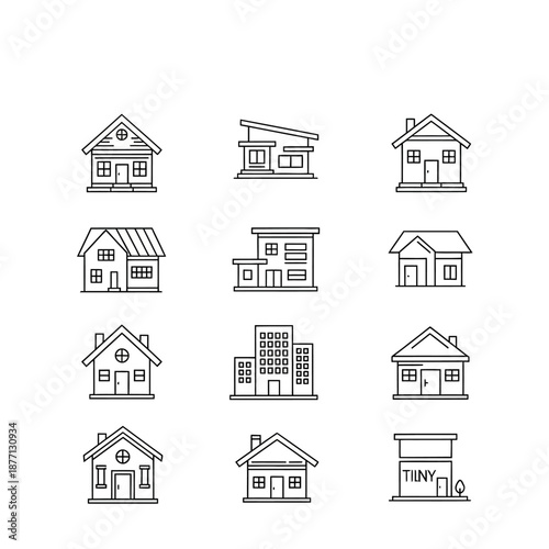 Real Estate and Architecture Line Icon Set. Collection of Vector Symbols for Houses, Homes, Apartments, Residential and Commercial Buildings, Perfect for UI/UX Design.