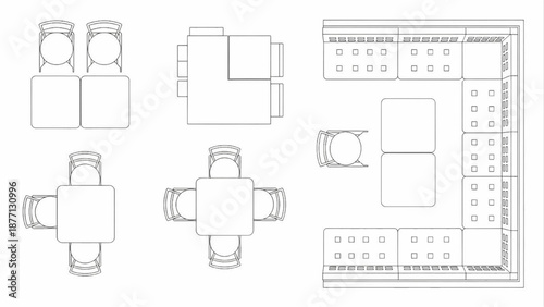 Top-down schematic views of modern furniture layouts for dining and living spaces, featuring tables, chairs, and sectional sofas