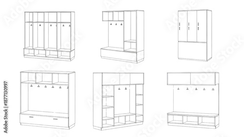 Line art illustrations of modern storage units entryway lockers and mudroom benches for home organization
