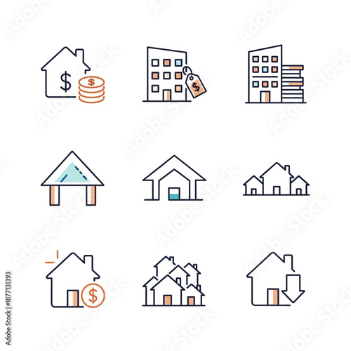 Real Estate Line Icons Set. Property Buying, Selling, Mortgage, Appraisal, Investment, and Housing Market Outline Symbols.