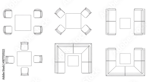 Top-down view of different furniture arrangements for living spaces and patios