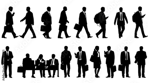 Diverse Silhouettes of Business Professionals Engaging in Various Urban and Office Activities