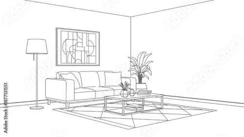 Modern living room interior design sketch with furniture and decor