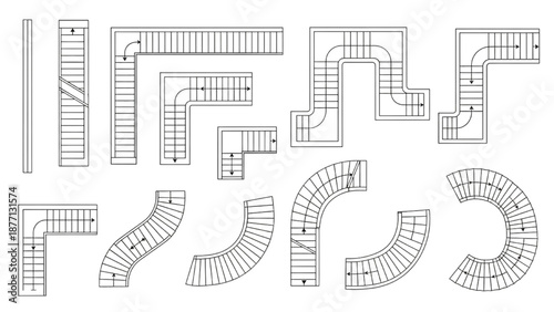 Comprehensive Set of Line Drawings Showcasing Different Staircase Patterns for Interior Architecture