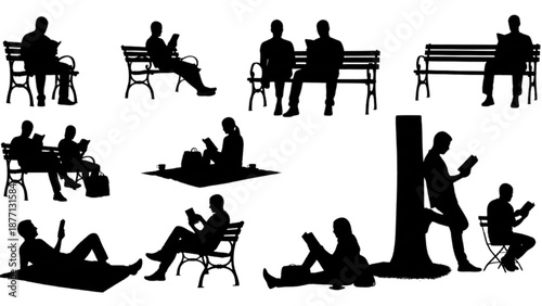 Silhouettes of people enjoying leisure time reading outdoors in various park settings