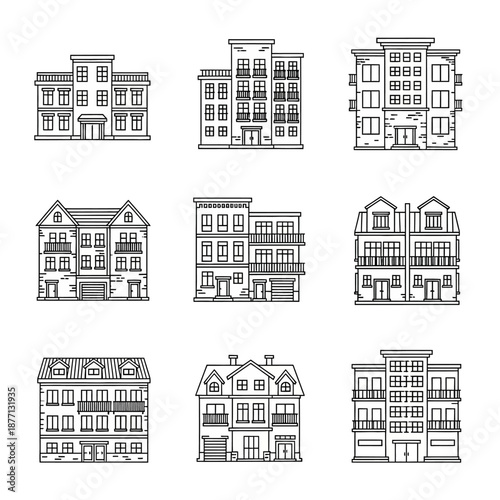 Residential Buildings Line Art Icons Set. Apartment, Townhouse, Condo, Duplex Outline Illustrations. Urban architecture concept vector.