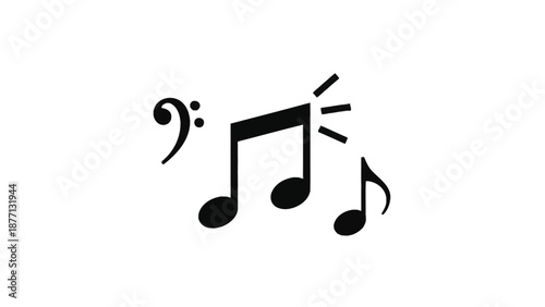 A treble clef, bass clef, and musical notes are depicted on a white background.