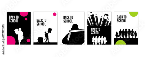 Set of five vertical back to school banners featuring black silhouettes of students and stationery with neon pink and green accents