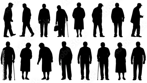Silhouettes of elderly men and women in various poses and activities