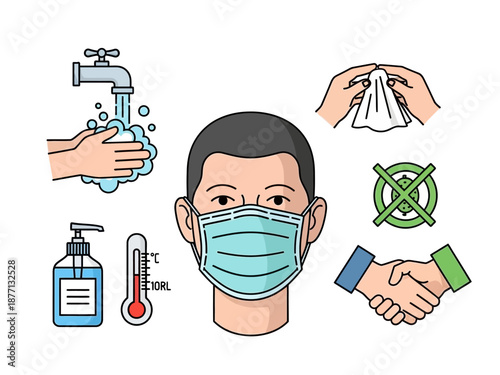 Man wearing face mask surrounded by hygiene and health icons.