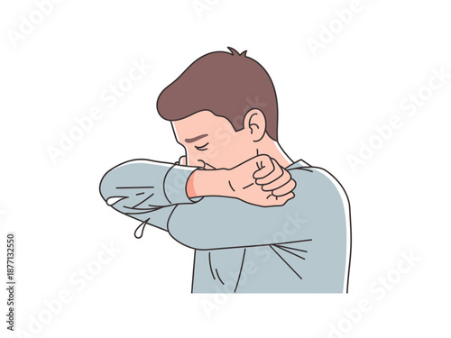 Person coughing into elbow to prevent spreading germs illustration.