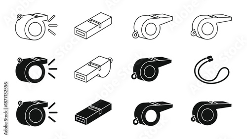 A collection of twelve vector illustrations of whistles in different styles and colors.