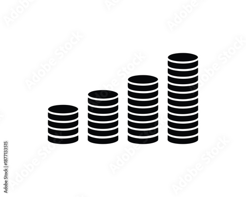 Black icon of four stacks of coins in ascending order on a white background money finance