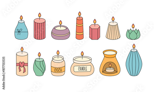 Cozy candle collection: hand drawn flat design candles with flames. For cozy lifestyle, hygge, home decor design.