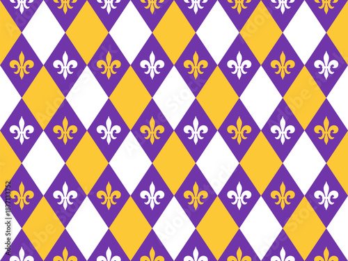 Mardi Gras Seamless Pattern. Fleur de Lys and Rhombus Endless Background in purple, yellow and white.