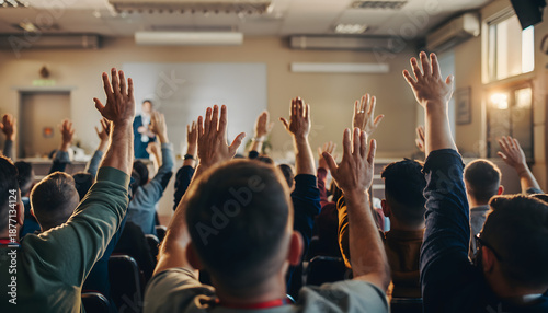 Audience Raising Hands During Seminar or Training Session