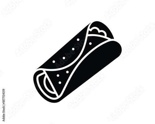 Black silhouette of a rolled burrito with visible filling on a white background wrap taco