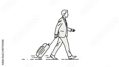A man in a suit walks while pulling a rolling suitcase.