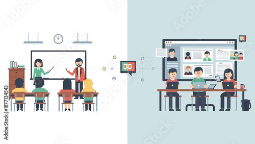 Diverse classroom and online learning environments, symbolizing education and technology