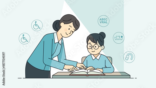 A heartwarming illustration of a teacher guiding a visually impaired student through Braille reading, symbolizing inclusive education and accessible learning support