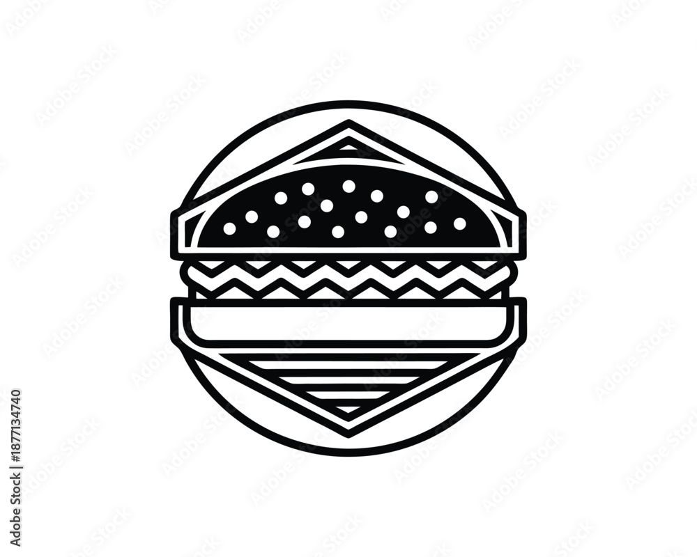 Fototapeta premium Outline icon of a layered hamburger inside a circle on white background cheeseburger fast food