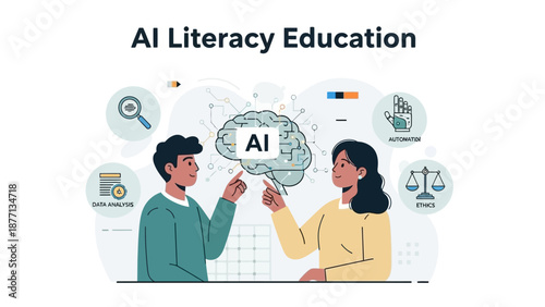 Conceptual vector illustration of two people learning and understanding artificial intelligence literacy in a modern digital education setting