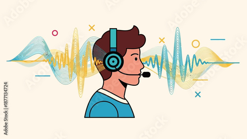 Professional Male Communicator with Headset and Microphone amidst Dynamic Sound Waves Representing Online Support, Broadcast, and Audio Technology Concepts in Flat Illustration Style