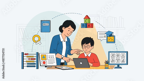 Concept illustration of personalized learning and mentorship, combining digital education with traditional tools for academic development