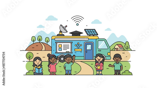 Global education outreach Diverse students interact with a mobile classroom equipped with satellite and solar power, promoting accessible learning and digital inclusion for all