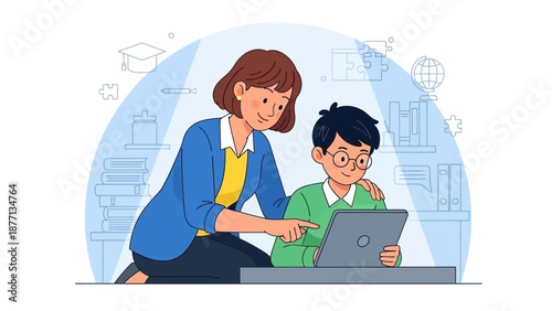 Dedicated teacher supporting and educating a young student through digital learning on a tablet, fostering skill development in a modern educational environment