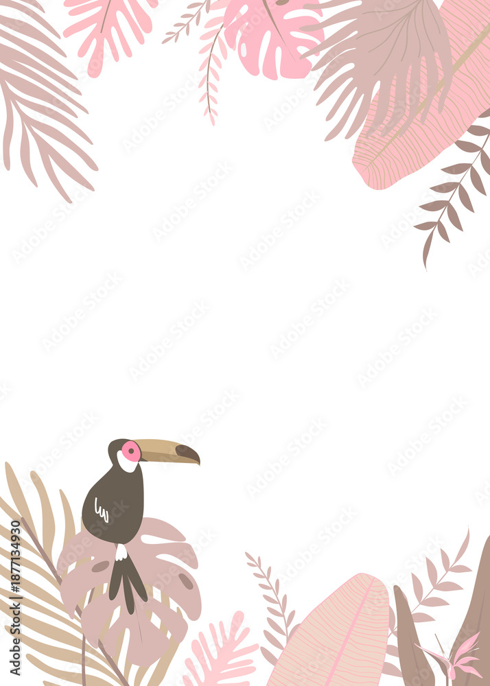 Fototapeta premium Pink botanical png frame with tropical leaves and toucan bird, transparent background