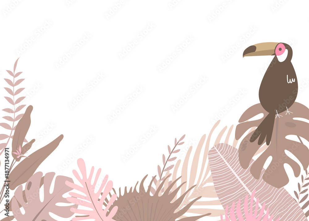 Naklejka premium Pink botanical border png clip art, aesthetic tropical leaves and bird graphic element on transparent background